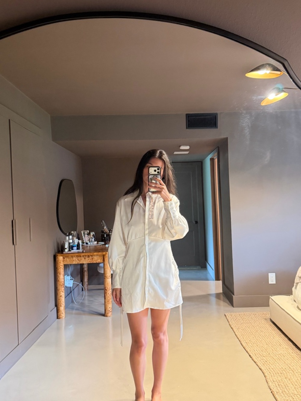 Danielle Guizio Rouched Drawstring White Satin Shirt Dress